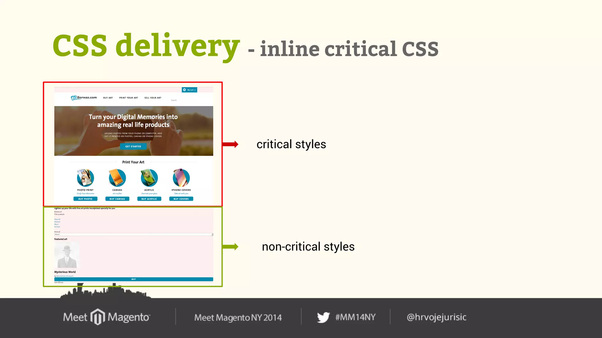CSS delivery - inline critical CSS 
critical styles 
non-critical styles 
 