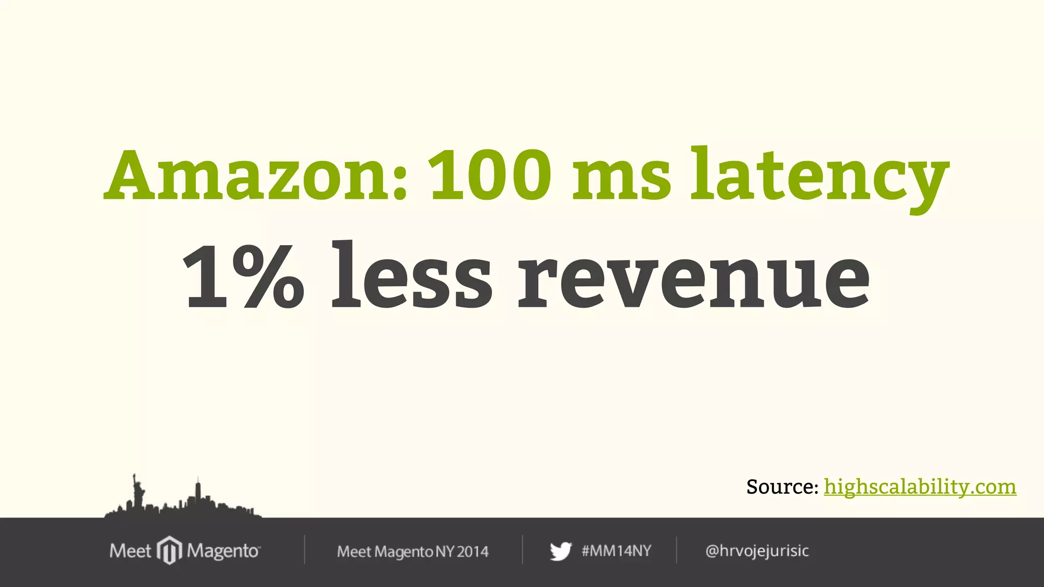 Amazon: 100 ms latency 
1% less revenue 
Source: highscalability.com 
 