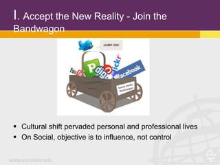 I. Accept the New Reality - Join the
Bandwagon




 Cultural shift pervaded personal and professional lives
 On Social, objective is to influence, not control
 