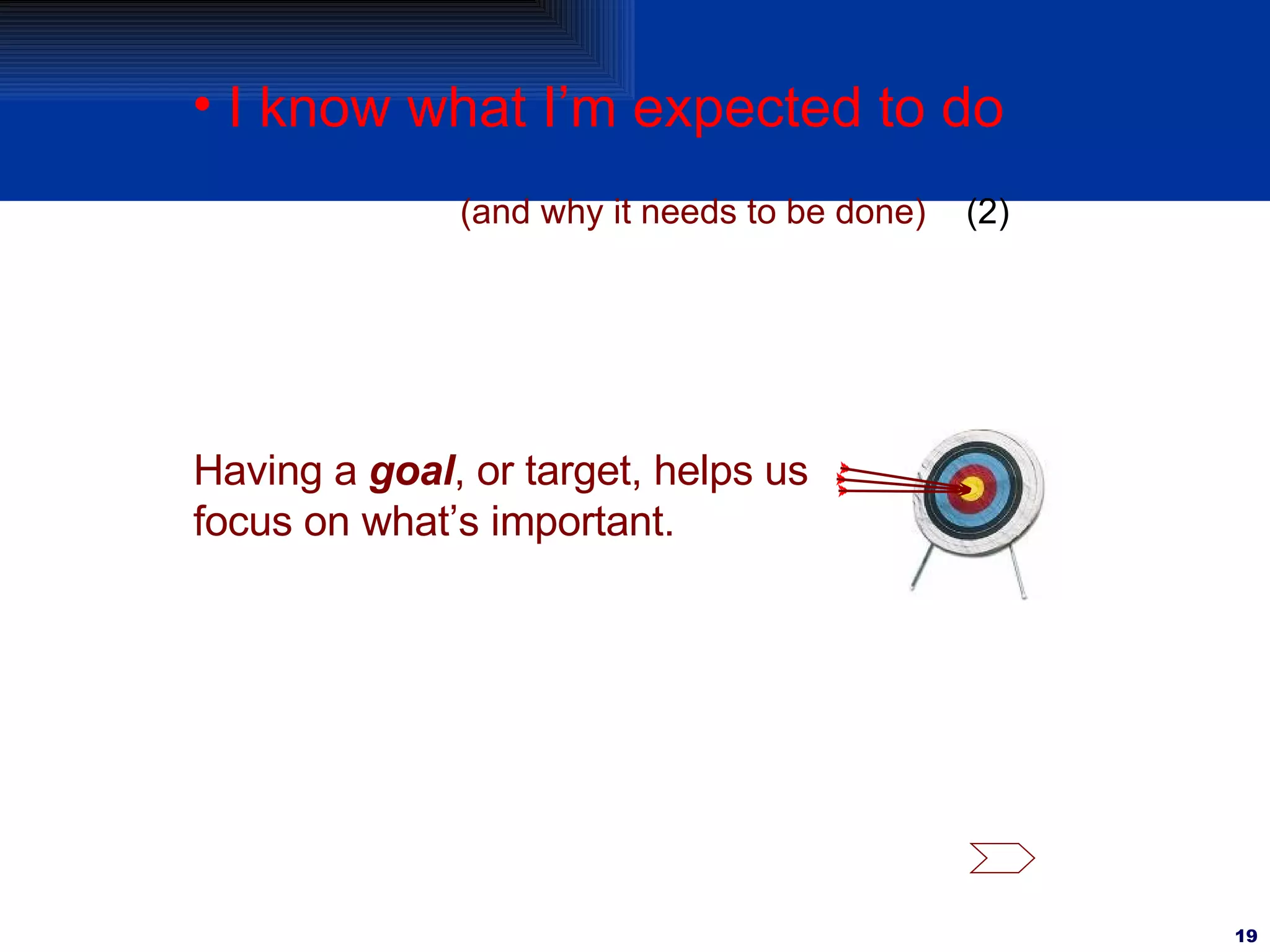 I know what I’m expected to do (and why it needs to be done) Having a  goal , or target, helps us focus on what’s important. (2) 