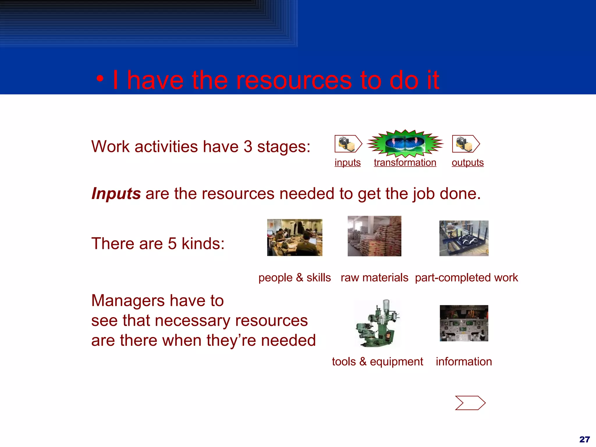 I have the resources to do it Work activities have 3 stages: Inputs  are the resources needed to get the job done. There are 5 kinds: people & skills raw materials part-completed work tools & equipment information Managers have to  see that necessary resources are there when they’re needed inputs transformation outputs 