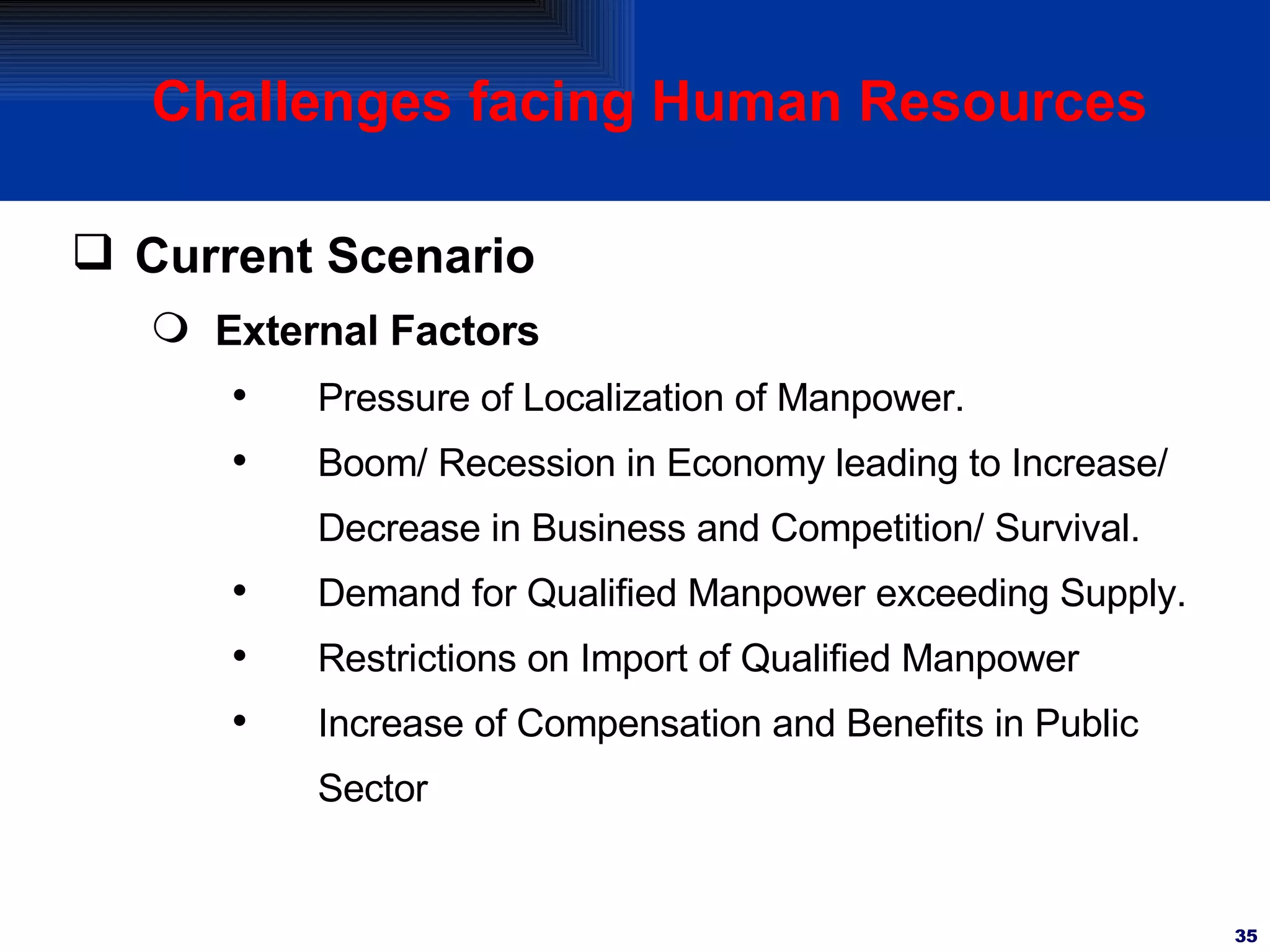 Challenges facing Human Resources Current Scenario External Factors Pressure of Localization of Manpower. Boom/ Recession in Economy leading to Increase/ Decrease in Business and Competition/ Survival. Demand for Qualified Manpower exceeding Supply. Restrictions on Import of Qualified Manpower Increase of Compensation and Benefits in Public Sector 