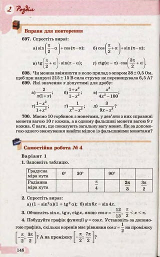 Вправи для повторення
697. Спростіть вираз:
л
a) sin j ^ _ а |+ cos(n -a); б) cos —+ а |+sin(n-a);
в) tg
ґ л
—+ а
2 у
sin(n - а); г) ctg(a - л) •cos
Зл
■+ а
698. Чи можна ввімкнути в коло прилад з опором 38 ± 0,5 Ом,
щоб при напрузі 215 ± 15 В сила струму не перевищувала 6,5 А?
699. Які значення х допустимі для дробу:
а)
г)
х(1+ х)
1 -х 2
1+ х
б)
Ґ)
1+ х2
1 - х 2
*3- * 2
в)
д )
4х2-1 0 0 ’
— ^Ц?9 х - х
700. Маємо 10 торбинок з монетами, у дев’яти з них справжні
монети вагою 10 г кожна, а в одному фальшиві монети вагою 9 г
кожна. Є ваги, що показують загальну вагу монет. Як за допомо­
гою одного зважування знайти мішок із фальшивими монетами?
Є
Самостійна робота № 4
Варіант 1
1. Заповніть таблицю.
Градусна
міра кута
0°
со
оо
90°
Радіанна л 2л Зл
міра кута 4 3 2
2. Спростіть вираз:
а) (1 - sin2a )(l + tg2a); б) sin6x - sin4x.
12 л
3. Обчисліть s i n x , t g x , c t g x , якщо c o s x = — —, —< X < Л.
13 ^
4. Побудуйте графік функції у = cosx. Установіть за допомо­
гою графіка, скільки коренів має рівняння cosx = —на проміжку
л Зл "
? А на проміжку
 