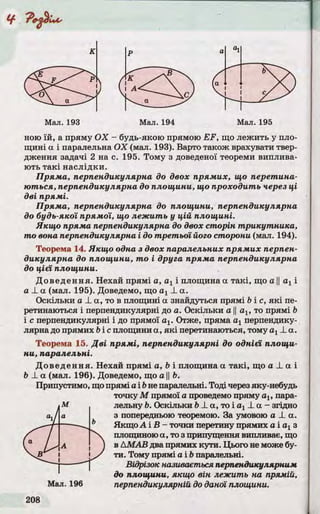 ною їй, а пряму ОХ - будь-якою прямою EF, що лежить у пло­
щині а і паралельна ОХ (мал. 193). Варто також врахувати твер­
дження задачі 2 на с. 195. Тому з доведеної теореми виплива­
ють такі наслідки.
Пряма, перпендикулярна до двох прямих, що перетина­
ються, перпендикулярна до площини, що проходить через ці
дві прямі.
Пряма, перпендикулярна до площини, перпендикулярна
до будь-якої прямої, що лежить у цій площині.
Якщо пряма перпендикулярна до двох сторін трикутника,
то вона перпендикулярна і до третьої його сторони (мал. 194).
Теорема 14. Якщо одна з двох паралельних прямих перпен­
дикулярна до площини, то і друга пряма перпендикулярна
до цієї площини.
Доведення. Нехай прямі а, а хі площина а такі, що а ||а хі
а -Lа (мал. 195). Доведемо, що а х± а.
Оскільки а А. а, то в площині а знайдуться прямі біс, які пе­
ретинаються і перпендикулярні до а. Оскільки а а х, то прямі b
і с перпендикулярні і до прямої а х. Отже, пряма а хперпендику­
лярна до прямих bі с площиниа, які перетинаються, тому ах± а.
Теорема 15. Дві прямі, перпендикулярні до однієї площи­
ни, паралельні.
Доведення. Нехай прямі a, b і площина а такі, що а і а і
b _Lа (мал. 196). Доведемо, що а ||Ь.
Припустимо, щопрямі а і bне паралельні. Тодічерез яку-небудь
точку М прямої а проведемо пряму ах, пара­
лельну Ь. Оскількиfe_La, Toiaj-La - згідно
з попередньою теоремою. За умовою a _La.
ЯкщоА і В - точки перетину прямих а і ахз
площиноюа, то з припущення випливає, що
в ДМАВ два прямих кути. Цього не може бу­
ти. Тому прямі a і bпаралельні.
Відрізок називається перпендикулярним
до площини, якщо він лежить на прямій,
перпендикулярній до даної площини.
 