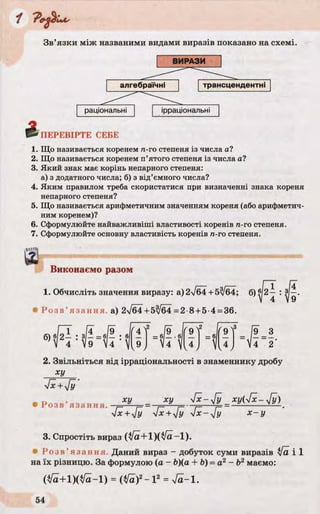 Зв’язки між названими видами виразів показано на схемі.
ПЕРЕВІРТЕ СЕБЕ
1. Що називається коренем п-го степеня із числа а?
2. Що називається коренем п’ятого степеня із числа а?
3. Який знак має корінь непарного степеня:
а) з додатного числа; б) з від’ємного числа?
4. Яким правилом треба скористатися при визначенні знака кореня
непарного степеня?
5. Що називається арифметичним значенням кореня (або арифметич­
ним коренем)?
6. Сформулюйте найважливіші властивості коренів п-го степеня.
7. Сформулюйте основну властивість коренів п-го степеня.
Виконаємо разом
1. Обчисліть значення виразу: а)2/б4 +5/б4; б) Р2— : з/—.
V 4 V9
Р о з в ’язання, а) 2л/64 + 5/64=2-8 +5-4 = 36.
ч*аИНИї
2
= в- ■вІ
^ 9 4 2
V4 /
= в|
^дЛ3
V4 ,
9 3
4 2
2. Звільніться від ірраціональності в знаменнику дробу
ху
sfx +Jy
ху
Розв язання.
ху fx-yfy _ xy(yfx-Jy)
yfx +yjy [x +Jy yfx-yjy X - y
3. Спростіть вираз (fa + l)(y fa -l).
• Р о з в ’язання. Даний вираз - добуток суми виразів і[а і 1
на їх різницю. За формулою (а - Ь)(а + Ь) =а2- Ь2маємо:
( ^ + 1 ) ( ^ - 1 ) = (ifa)2- 12 = la ~ l.
 