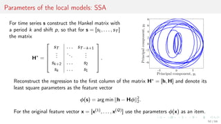 Parameters of the local models: SSA
For time series s construct the Hankel matrix with
a period k and shift p, so that for s = [s1, . . . , sT ]
the matrix
H∗
=





sT . . . sT−k+1
...
...
...
sk+2 . . . s2
sk . . . s1





.
−5 0 5
−6
−4
−2
0
2
4
6
8
Principal component, y1
Principalcomponent,y2
Reconstruct the regression to the ﬁrst column of the matrix H∗ = [h, H] and denote its
least square parameters as the feature vector
φ(s) = arg min h − Hφ 2
2.
For the original feature vector x = [x(1), . . . , x(Q)] use the parameters φ(x) as an item.
50 / 68
 