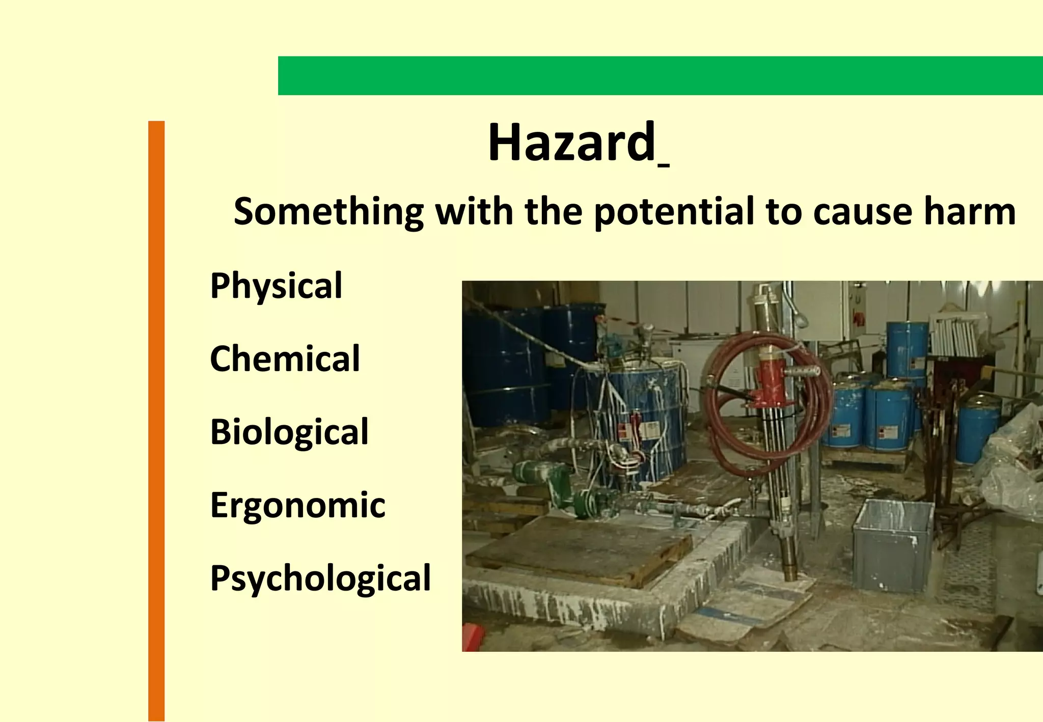 Hazard
 Something with the potential to cause harm
Physical
Chemical
Biological
Ergonomic
Psychological
 