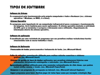 TIPOS DE SOFTWARE
Software de Sistema
É o responsável pelo funcionamento pelo próprio computador e todo o Hardware (ex.: sistemas
operativos – Windows, os MAC, e o Linux).
Sistema Operativo
É o programa mais importante de um computador indispensável para o arranque e funcionamento
da máquina. Serve também para correr aplicações. O sistema operativo controla a actividade
do CPU, gere as memórias e assegura a interacção com o utilizador. Organização da
informação através do sistema operativo.
Software de aplicação
É constituído por uma variedade de programas que nos permitem realizar variadíssimas tarefas
relacionadas com os nossos trabalhos e lazer.
Software de Aplicação
Processador de texto: processamento e tratamento de texto. (ex.:Microsoft Word)
Folha de cálculos: normalmente utilizada para realizar cálculos numéricos e elaborar
gráficos.(ex.:Microsoft Excel)
Sistemas de gestão de base de dados: aplicações que permitem elaborarem ficheiros com
informações devidamente catalogados e ordenados. (ex.:Microsoft Access)
Apresentação gráfica: utilizada para criar conjuntos automatizados de slide shows, que podem
incluir efeitos sonoros e visuais. (ex.: Microsoft PowerPoint)
Browsers: é um programa de navegação na Internet. (ex.: Microsoft Internet Explorer)
Jogos: programas para lazer. Existem jogos de vários tipos como por exemplo: estratégia (Age
 
