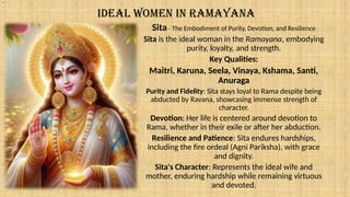 IDEAL WOMEN IN RAMAYANA
Sita– The Embodiment of Purity, Devotion, and Resilience
Sita is the ideal woman in the Ramayana, embodying
purity, loyalty, and strength.
Key Qualities:
Maitri, Karuna, Seela, Vinaya, Kshama, Santi,
Anuraga
Purity and Fidelity: Sita stays loyal to Rama despite being
abducted by Ravana, showcasing immense strength of
character.
Devotion: Her life is centered around devotion to
Rama, whether in their exile or after her abduction.
Resilience and Patience: Sita endures hardships,
including the fire ordeal (Agni Pariksha), with grace
and dignity.
Sita's Character: Represents the ideal wife and
mother, enduring hardship while remaining virtuous
and devoted.
.
 