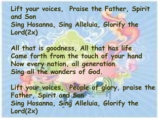 Lift your voices, Praise the Father, Spirit
and Son
Sing Hosanna, Sing Alleluia, Glorify the
Lord(2x)

All that is goodness, All that has life
Came forth from the touch of your hand
Now every nation, all generation
Sing all the wonders of God.

Lift your voices, People of glory, praise the
Father, Spirit and Son
Sing Hosanna, Sing Alleluia, Glorify the
Lord(2x)
 