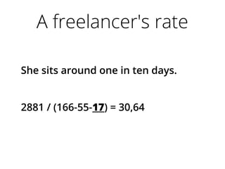 A freelancer's rate
She sits around one in ten days.
2881 / (166-55-17) = 30,64
 