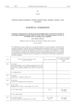 9.9.2011             EN                               Official Journal of the European Union                                                       C 266/1



                                                                            IV
                                                                        (Notices)




             NOTICES FROM EUROPEAN UNION INSTITUTIONS, BODIES, OFFICES AND
                                      AGENCIES


                                               EUROPEAN COMMISSION

             Commission communication in the framework of the implementation of the Directive 97/23/EC of
             the European Parliament and of the Council of 29 May 1997 on the approximation of the laws of
                                   the Member States concerning pressure equipment
                                                             (Text with EEA relevance)

                                (Publication of titles and references of harmonised standards under the directive)
                                                                  (2011/C 266/01)


             The following list contains references to harmonised standards for pressure equipment and harmonised
             supporting standards for materials used in manufacturing pressure equipment. In the case of a harmonised
             supporting standard for materials, presumption of conformity to the essential safety requirements is limited
             to technical data of materials in the standard and does not presume adequacy of the material to a specific
             item of equipment. Consequently the technical data stated in the material standard shall be assessed against
             the design requirements of this specific item of equipment to verify that the essential safety requirements of
             the PED are satisfied.

                                                                                                                             Date of cessation of presumption
                           Reference and title of the harmonised standard                                                      of conformity of superseded
  ESO (1)                                                                                 Reference of superseded standard
                                      (and reference document)                                                                           standard
                                                                                                                                          Note 1


  CEN       EN 3-8:2006
            Portable fire extinguishers - Part 8: Additional requirements to EN 3-7 for
            the construction, resistance to pressure and mechanical tests for extin­
            guishers with a maximum allowable pressure equal to or lower than
            30 bar


            EN 3-8:2006/AC:2007


  CEN       EN 19:2002
            Industrial valves - Marking of metallic valves


  CEN       EN 267:2009
            Automatic forced draught burners for liquid fuels


  CEN       EN 287-1:2004
            Qualification test of welders - Fusion welding - Part 1: Steels


            EN 287-1:2004/A2:2006                                                                     Note 3                          Date expired
                                                                                                                                      (30.9.2006)


            EN 287-1:2004/AC:2004


  CEN       EN 334:2005+A1:2009                                                                   EN 334:2005                         Date expired
            Gas pressure regulators for inlet pressures up to 100 bar                               Note 2.1                          (31.7.2009)
 