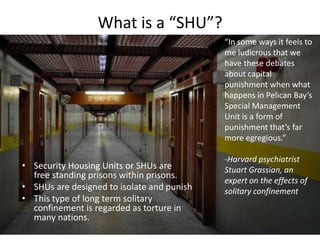 What is a “SHU”?
• Security Housing Units or SHUs are
free standing prisons within prisons.
• SHUs are designed to isolate...