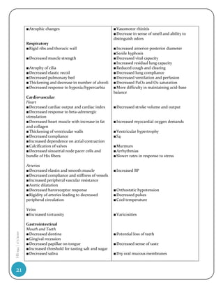 ■ Atrophic changes                                 ■ Vasomotor rhinitis
                                                                       ■ Decrease in sense of smell and ability to
                                                                       distinguish odors
                    Respiratory
                    ■ Rigid ribs and thoracic wall                     ■ Increased anterior-posterior diameter
                                                                       ■ Senile kyphosis
                    ■ Decreased muscle strength                        ■ Decreased vital capacity
                                                                       ■ Increased residual lung capacity
                    ■ Atrophy of cilia                                 ■ Reduced cough and clearing
                    ■ Decreased elastic recoil                         ■ Decreased lung compliance
                    ■ Decreased pulmonary bed                          ■ Decreased ventilation and perfusion
                    ■ Thickening and decrease in number of alveoli     ■ Decreased PaO2 and O2 saturation
                    ■ Decreased response to hypoxia/hypercarbia        ■ More difficulty in maintaining acid-base
                                                                       balance
                    Cardiovascular
                    Heart
                    ■ Decreased cardiac output and cardiac index       ■ Decreased stroke volume and output
                    ■ Decreased response to beta-adrenergic
                    stimulation
                    ■ Decreased heart muscle with increase in fat      ■ Increased myocardial oxygen demands
                    and collagen
                    ■ Thickening of ventricular walls                  ■ Ventricular hypertrophy
                    ■ Decreased compliance                             ■ S4
                    ■ Increased dependence on atrial contraction
                    ■ Calcification of valves                          ■ Murmurs
                    ■ Decreased sinoatrial node pacer cells and        ■ Arrhythmias
                    bundle of His fibers                               ■ Slower rates in response to stress

                    Arteries
                    ■ Decreased elastin and smooth muscle              ■ Increased BP
                    ■ Decreased compliance and stiffness of vessels
                    ■ Increased peripheral vascular resistance
                    ■ Aortic dilatation
                    ■ Decreased baroreceptor response                  ■ Orthostatic hypotension
                    ■ Rigidity of arteries leading to decreased        ■ Decreased pulses
                    peripheral circulation                             ■ Cool temperature

                    Veins
                    ■ Increased tortuosity                             ■ Varicosities

                    Gastrointestinal
                    Mouth and Teeth
HS 194 | 1/7/2010




                    ■ Decreased dentine                                ■ Potential loss of teeth
                    ■ Gingival recession
                    ■ Decreased papillae on tongue                     ■ Decreased sense of taste
                    ■ Increased threshold for tasting salt and sugar
                    ■ Decreased saliva                                 ■ Dry oral mucous membranes



21
 