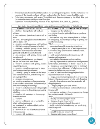    The instrument chosen should be based on the specific goal or purpose for the evaluation. For
    example, if the focus is on basic self-care and mobility, the Barthel index should be used.
   Performance measures, such as the Tinetti Gait and Balance measure or the Chair Rise test,
    can be used to evaluate higher-level function.
    (Lippincott Manual of Nursing Practice, 8th Ed. By Nettina, S.M., Mills, E.J., p172-174)

        Katz Index for Activities of Daily Living and Instrumental Activities of Daily Living
       ACTIVITIES OF DAILY LIVING               INSTRUMENTAL ACTIVITIES OF DAILY LIVING
1. Bathing - Sponge bath, tub bath, or          1. Can you use the telephone?
 shower                                          0 = without help, including looking up numbers
 0 = no assistance (gets in and out of tub by and dialing
 self)                                           2 = with some help (can answer phone or dial 911
 1 = uses a device to get in or out of tub but in emergency, but need special help in getting the
 able to bathe self                              number or dialing)
 2 = requires partial assistance with bathing Why?__________________________________
 3 = full bath required (unable to bathe)        3 = completely unable to use the telephone
2. Dressing - includes getting clothes from 2. Can you get to places out of walking distance?
 closet and drawers (under and outer             0 = without help (travels alone on buses, taxis,
 garments and able to use fasteners)             drives own car)
 0 = no assistance with getting clothes and      1 = with some help in transferring on and off
 dressing self                                   (device and/or person)
 1 = able to get clothes and get dressed,        2 = with help of someone while travelling
 except for assistance with shoes                3 = totally dependent on specialized arrangements
 2 = receives assistance with getting clothes for travel (ie, ambulance) or doesn't travel at all
 or getting dressed                             3. Can you go shopping for groceries or clothing?
 3 = requires complete assistance or stays       0 = without help taking care of all shopping needs
 partly or completely undressed                  (assuming had own transportation)
3. Toileting - going to bathroom for bowel 1 = able to take care of all shopping needs but
 and urine elimination, self-cleaning and        requires companion to help
 arranging clothes                               2 = requires assistance in preparation of shopping
 0 = requires no assistance                      list as well as a companion to help with shopping
 1 = requires no assistance but uses device      3 = totally dependent on another person for all
 (cane, walker, wheelchair, bedpan at night, shopping needs
 but able to empty in morning)                  4. Can you prepare your own meals?
 2 = receives partial assistance with going to 0 = without assistance (plan and cook full meals
 the bathroom or in cleansing or arranging for yourself)
 clothing                                        2 = with some assistance (can prepare some things
 3 = receives full assistance or does not go     but unable to cook a full meal)
 to the bathroom                                 Why?__________________________________
4. Transfer                                      3 = totally unable to prepare meals
 0 = moves well in and out of bed and/or        5. Can you do your housework?
 chair without assistance                        0 = without assistance (scrub floor, etc.)
                                                                                                      HS 194 | 1/7/2010




 1 = moves well in and out of bed and/or         2 = able to do light housekeeping but needs help
 chair with device                               with heavy work
 2 = moves in and out of bed and/or chair          ie ___________________________________
 with assistance                                 3 = unable to do any housework
 3 = requires full assistance                   6. Can you take your own medicine?


                                                                                                      28
 