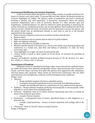 Environmental Modifications for Geriatric Population
        A safe environment allows the patient to move about as freely as possible and relieves the
family of constant worry about safety. To prevent falls and other injuries, all obvious hazards are
removed. Nightlights are helpful. The patient’s intake of medications and food is monitored.
Smoking is allowed only with supervision. A hazard-free environment allows the patient
maximum independence and a sense of autonomy. Because of a short attention span and
forgetfulness, wandering behavior can often be reduced by gently persuading or distracting the
patient. Restraints are avoided because they may increase agitation. Doors leading from the house
must be secured. Outside the home, all activities must be supervised to protect the patient, and
the patient should wear an identification bracelet or neck chain in case he or she becomes
separated from the caregiver.
 Remove furniture if patient cannot sit on it and have his feet reach the floor.
 Remove clutter.
 Make sure furniture and any assistive devices used are in good condition.
 Make sure lighting is adequate.
 Make sure safety bars are available in bathroom.
 Minimize specific hazards in the home (e.g., remove stove knobs, store cleaning products and
    medications in a locked area, clear floor and hallway of obstacles). To make the home
    environment safer.
    Keep nightlights on at night. Decreases the potential for falls.
    Instruct family to install an alarm system on all exit doors. To minimize the possibility of
    wandering.
(Brunner and Suddarth’s Textbook of Medical-Surgical Nursing 10th Ed. By: Smeltzer, C.S., Bare,
B.G., Hinkle, J.L., Cheever, K.H., P. 208-209)

Nomenclature of Neoplasm
        Malignant tumors are classified by histologic origin: tumors derived from epithelial tissues
are called carcinomas; from epithelial and glandular tissues, adenocarcinomas; from connective,
muscle, and bone tissues, sarcomas; from glial cells, gliomas; from pigmented cells, melanomas;
and from plasma cells, myelomas. When tumors are derived from erythrocytes, they are called
erythroleukemia; from lymphocytes, leukemia; and from lymphatic tissue, lymphoma.
Benign (-oma)
 Adenoma
        o Benign epithelial neoplasm that forms a glandular pattern.
        o A neoplasm derived from glands but does not necessarily form glandular patterns.
        o example: thyroid follicular adenoma, cystadenoma of ovary, adrenocortical adenoma
 Papilloma – Benign epithelial neoplasm producing macroscopically or microscopically visible
    fingerlike or warty projects from epithelial surfaces.
 Teratoma – Neoplasms made up of cellular elements representing more than or (usually all
    three) of the embryonic germ layers.
        o example: Ovarian teratoma
 Hamartoma – A disorganized mass of mature, specialized tissues or cells indigenous to a
                                                                                                       HS 194 | 1/7/2010




    particular site.
        o example: Lung hamartoma – mixture of mature respiratory and cartilage cells in the
            lung.
 Choristoma – Nests of "normal" tissues in ectopic locations.
Benign or Malignant



                                                                                                       30
 