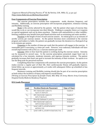 (Lippincott Manual of Nursing Practice, 8th Ed. By Nettina, S.M., Mills, E.J., p 330-331)
(http://www.theberries.ca/ARchives/bruce.html)

Four Components of Exercise Prescription
         The exercise prescription includes four components: mode, duration, frequency, and
intensity. Additionally, an exercise prescription will incorporate progression, resistance training
and flexibility training.
         Mode is the activity selected by the patient. Ask the patient what types of exercise they
would like to do or can incorporate into their lifestyle. Walking is a popular choice as it requires
no special equipment and can be done anywhere. Patients with osteoarthritis or other mobility-
limiting conditions may benefit from pool-based activities such as swimming and water aerobics.
         Duration is the length of time of each exercise session. An initial goal is 20-30 minutes of
aerobic activity per exercise session. As the patient becomes more committed to the exercise
program and makes it a habit, the patient can gradually increase the duration to a final goal of up
to 60 minutes per session.
         Frequency is the number of times per week that the patient will engage in the exercise. A
reasonable goal is exercising 3-4 times per week. However, even sedentary individuals will have
overall improvement with as few as 1-2 exercise sessions per week.
         Intensity refers to how hard the patient is working during the exercise session. Intensity
can be measured in several ways. In the exercise prescription presented, target heart rate is
calculated for a low intensity, moderate intensity, and vigorous intensity workout. The patient
gradually increases their heart rate goal to increase the intensity of their workout. An option is to
use the Borg scale for perceived exertion.
         Completing these four components will constitute the exercise prescription. As the patient
makes exercise a regular part of their life, their cardiovascular fitness will gradually improve.
Initial follow up occurs at approximately 4-6 weeks with subsequent follow up scheduled at less
frequent intervals.
         Resistance training and flexibility training should also be part of an exercise prescription
as both reduce the incidence of injury and improve overall fitness.
(Writing an Exercise Prescription by Jennifer Frank, MD, MAJ, US Army; Martin Army Community
Hospital Family Medicine Residency Program)

ECG Leads Placement



                                                                                                        HS 194 | 1/7/2010




                                                                                                        8
 