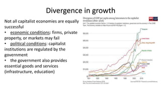 Divergence in growth
Not all capitalist economies are equally
successful
• economic conditions: firms, private
property, or markets may fail
• political conditions: capitalist
institutions are regulated by the
government
• the government also provides
essential goods and services
(infrastructure, education)
 