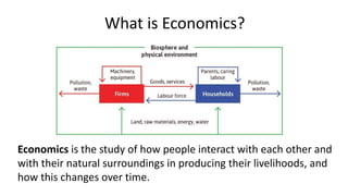 What is Economics?
Economics is the study of how people interact with each other and
with their natural surroundings in producing their livelihoods, and
how this changes over time.
 