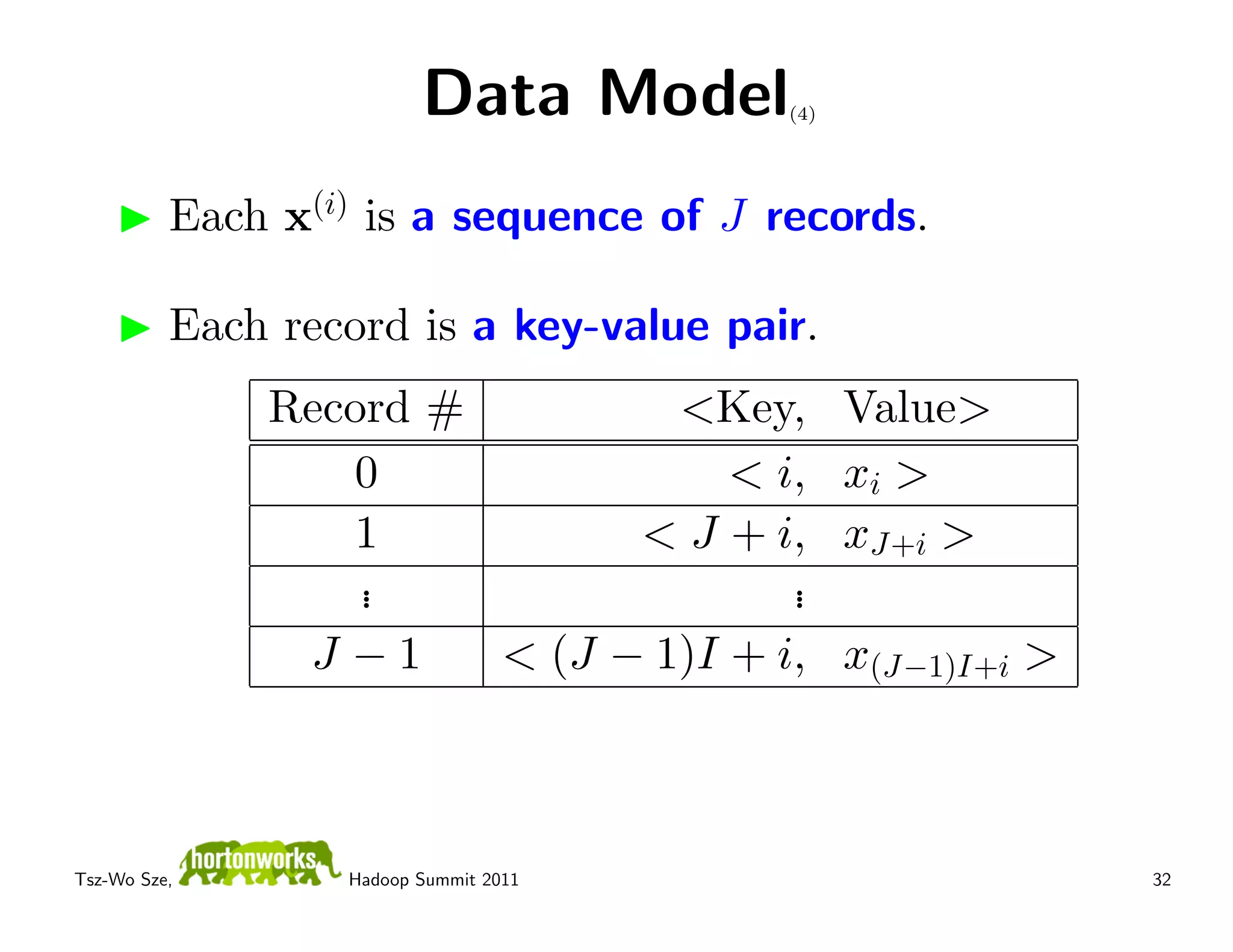Data Model     (4)




          Each x(i) is a sequence of J records.

          Each record is a key-value pair.
              Record #         <Key,          Value>
                 0                < i,        xi >
                 1           < J + i,         xJ+i >
                  .
                  .                  .
                                     .
               J −1    < (J − 1)I + i,        x(J−1)I+i >



Tsz-Wo Sze,       Hadoop Summit 2011                        32
 