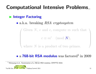 Computational Intensive Problems                                               (1)




           Integer Factoring
               • a.k.a. breaking RSA cryptosystem
                    Given N , e and c, compute m such that
                                                          
                                                          
                                     e
                               c ≡ m (mod N ),
                                                          
                                                          
                                                          
                        where N is a product of two primes.

               • a 768-bit RSA modulus was factored1 in 2009
  1
      Kleinjung et al., Factorization of a 768-bit RSA modulus, CRYPTO 2010.


Tsz-Wo Sze,                  Hadoop Summit 2011                                  11
 