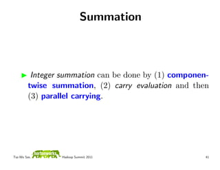 Summation



          Integer summation can be done by (1) componen-
         twise summation, (2) carry evaluation and t...