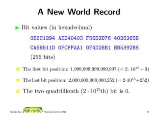 A New World Record
          Bit values (in hexadecimal)
                 0E6C1294 AED40403 F56D2D76 4026265B
            ...