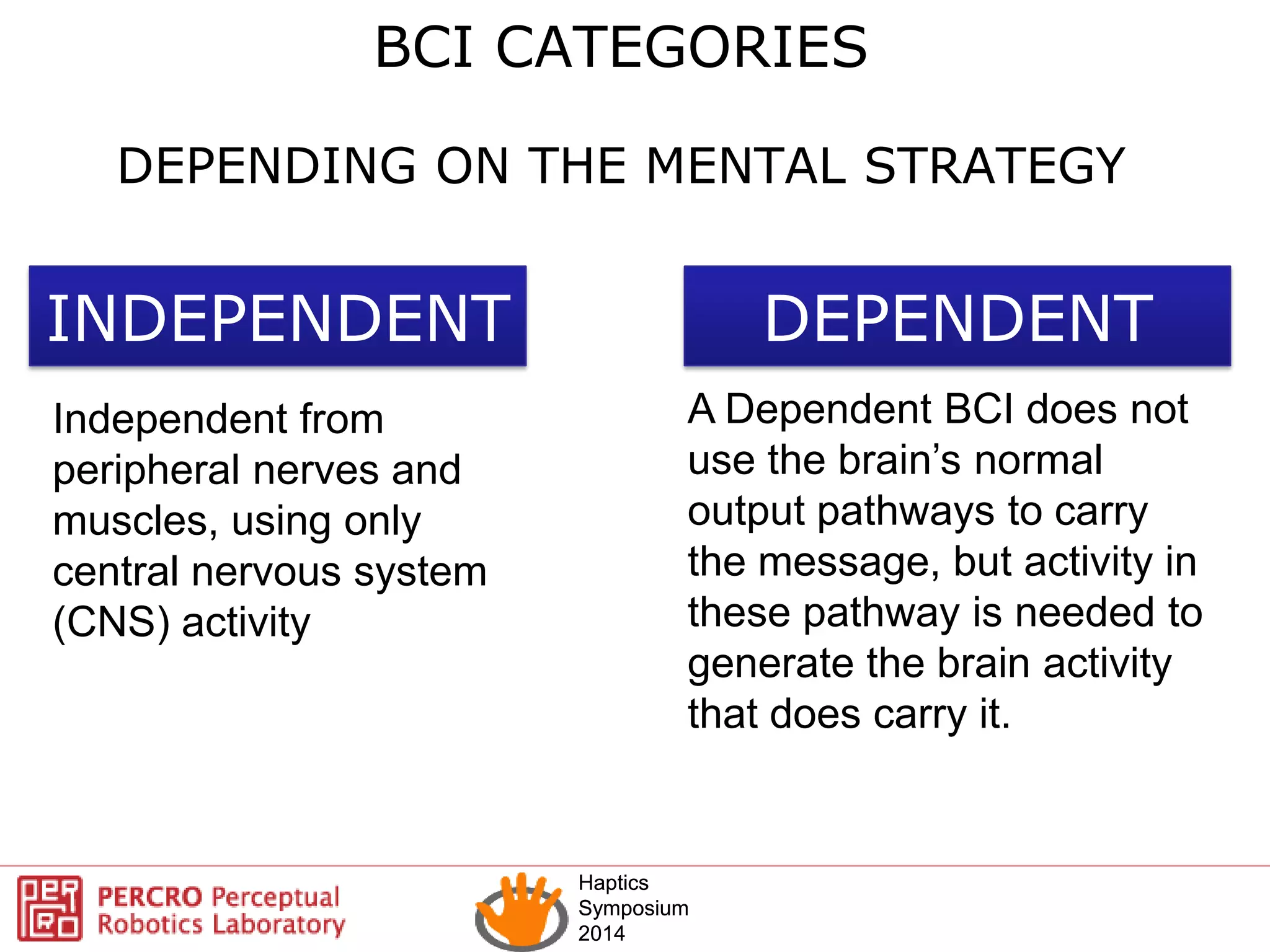 Haptics
Symposium
2014
Haptics
Symposium
2014
BCI CATEGORIES
INDEPENDENT DEPENDENT
A Dependent BCI does not
use the brain’s normal
output pathways to carry
the message, but activity in
these pathway is needed to
generate the brain activity
that does carry it.
Independent from
peripheral nerves and
muscles, using only
central nervous system
(CNS) activity
DEPENDING ON THE MENTAL STRATEGY
 