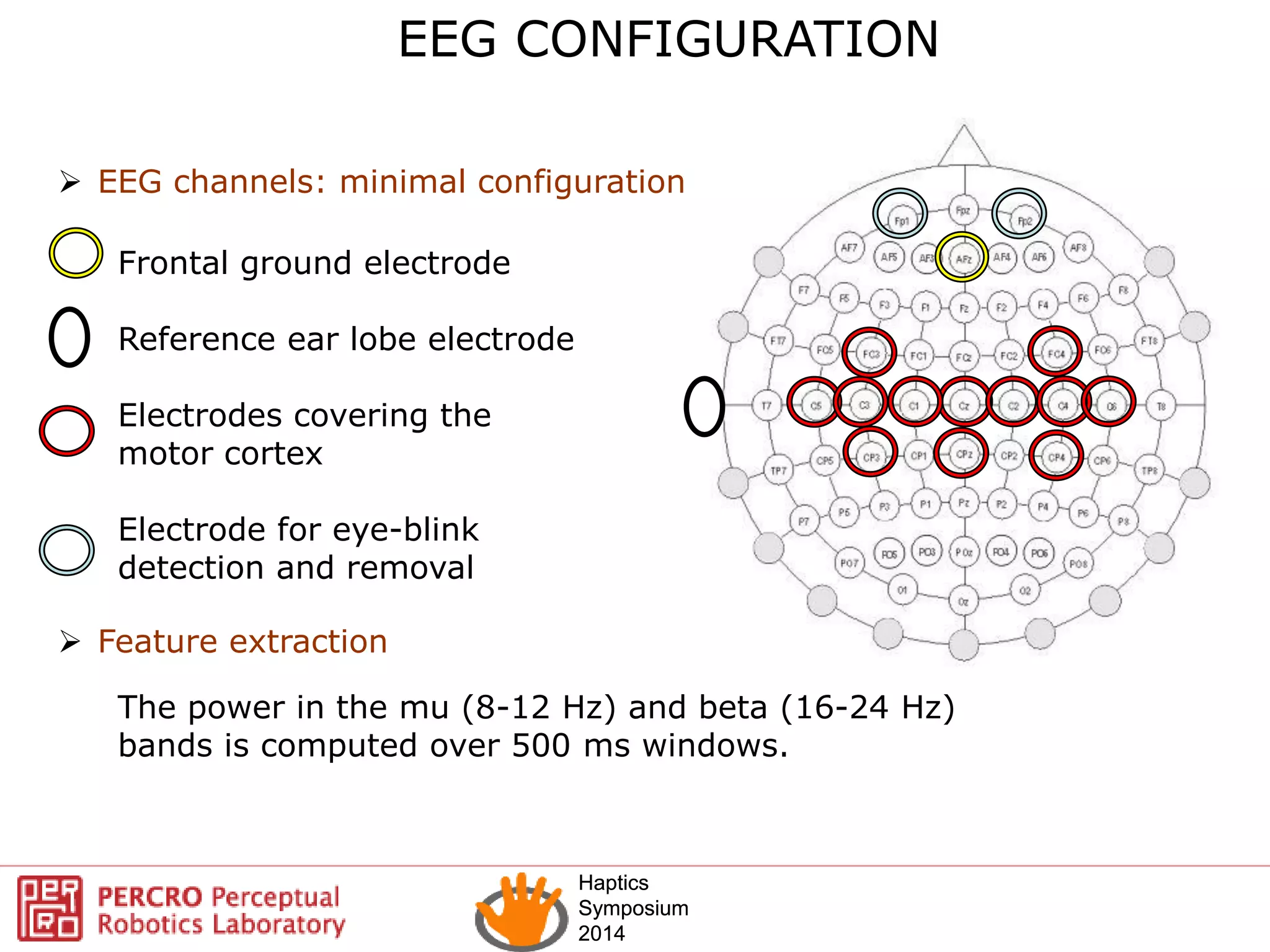Haptics
Symposium
2014
Haptics
Symposium
2014
EEG CONFIGURATION
 EEG channels: minimal configuration
Frontal ground electrode
Reference ear lobe electrode
Electrodes covering the
motor cortex
Electrode for eye-blink
detection and removal
 Feature extraction
The power in the mu (8-12 Hz) and beta (16-24 Hz)
bands is computed over 500 ms windows.
 