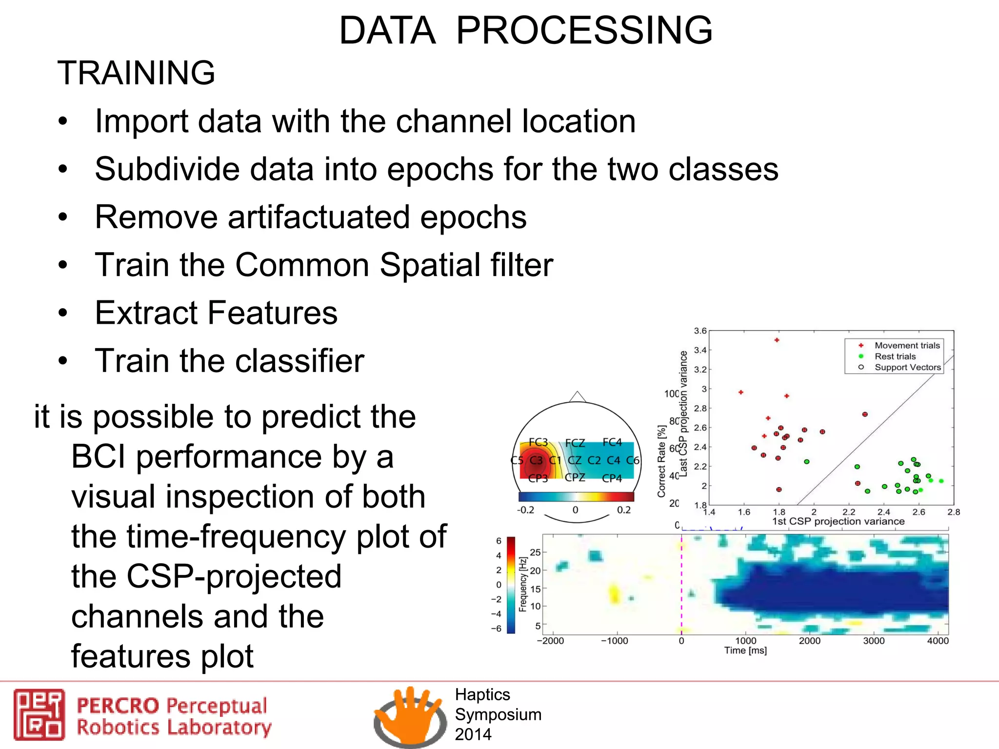 Haptics
Symposium
2014
Haptics
Symposium
2014
DATA PROCESSING
TRAINING
• Import data with the channel location
• Subdivide data into epochs for the two classes
• Remove artifactuated epochs
• Train the Common Spatial filter
• Extract Features
• Train the classifier
it is possible to predict the
BCI performance by a
visual inspection of both
the time-frequency plot of
the CSP-projected
channels and the
features plot
 