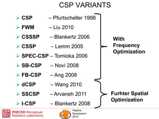 Haptics
Symposium
2014
Haptics
Symposium
2014
CSP VARIANTS
 CSP – Pfurtscheller 1998
 FWM – Liu 2010
 CSSSP – Blankertz...
