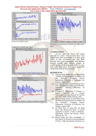 Anjum Sharma, Rakesh Kumar, Manpreet Singh / International Journal of Engineering
          Research and Applications (IJERA)      ISSN: 2248-9622 www.ijera.com
                      Vol. 2, Issue 4, July-August 2012, pp.1364-1369




Scenario of OLSR in Ipv6
                                               Scenario of camparision for OLSR and TORA under
Comparison of both under Ipv6                  Ipv6


                                               7. CONCLUSION
                                                        In this paper, we discuss the routing
                                               protocols for manet. Two protocols have been
                                               judged under Ipv6 environmenet as it shows good
                                               results in Ipv6 environment then Ipv4. Both
                                               protocols show great compatability with Interenet
                                               protocol version6 under different scenario. In
                                               overall scenario OLSR outperform TORA in every
                                               term under Ipv6 which shows great support for
                                               OLSR under different Environmenets.

                                               REFERENCES
                                                 [1]    Xiaoyan Hong, Kaixin Xu and Mario Gerla
                                                        “Scalable Routing Protocols for Mobile Ad
                                                        Hoc     Networks.”      Computer      Science
                                                        Department, University of California, Los
                                                        Angeles, August 2002.
                                                 [2]    Koey Huishan, Chua Huimin and Koh Yeow
                                                        Nam “Routing Protocols in Ad hocWireless
                                                        Networks.”      National     University    of
                                                        Singapore.
                                                 [3]    P.Jacquet, P. Mühlethaler, T Clausen, A.
                                                        Laouiti, A.Qayyum and L. Viennot
                                                        “Optimized Link State Protocol for Ad Hoc
                                                        Networks.” IEEE INMIC Pakistan, 2001.
                                                 [4]    Xiaoyan Hong, Kaixin Xu and Mario Gerla
                                                        “Scalable Routing Protocols for Mobile Ad
                                                        Hoc     Networks.”      Computer      Science
                                                        Department, University of California, Los
                                                        Angeles, August 2002.
                                                 [5]    Jin Mook Kim, In Sung Han, Jin Baek
                                                        Kwon and Hwang Bin Ryou, “A Novel
                                                        Approach to Search a Node in MANET”,
                                                        Information Science and Security, ICISS,
                                                        2008, pp. 44 – 48.
                                                 [6]   Adriano Galati and Chris Greenhalgh, “A
                                                        New Metric for Network Load and Equation
                                                        of State”, Fifth International Conference on


                                                                                    1368 | P a g e
 