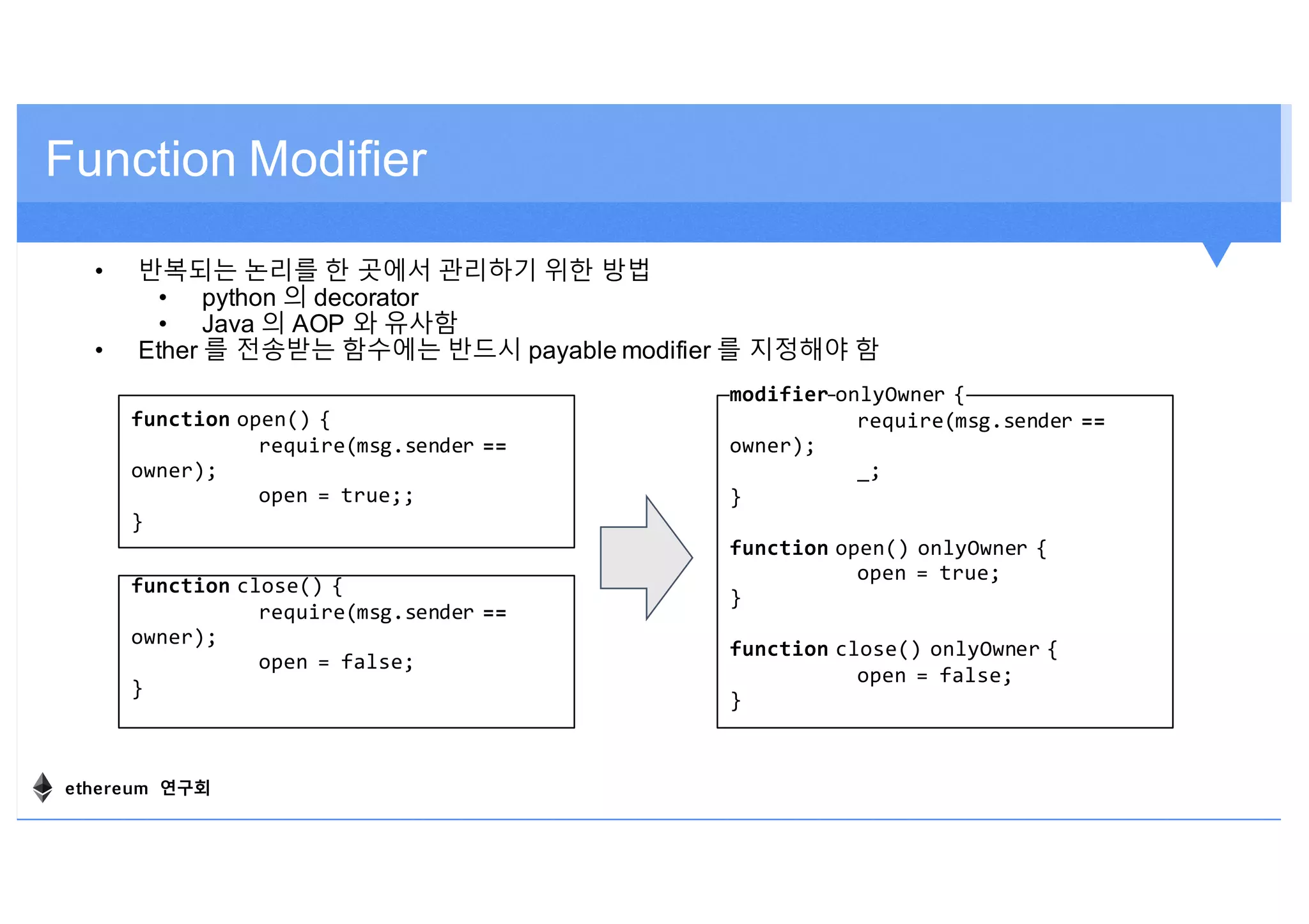 Function Modifier
• 반복되는 논리를 한 곳에서 관리하기 위한 방법
• python 의 decorator
• Java 의 AOP 와 유사함
• Ether 를 전송받는 함수에는 반드시 payable modifier 를 지정해야 함
modifier onlyOwner {
require(msg.sender ==
owner);
_;
}
function open() onlyOwner {
open = true;
}
function close() onlyOwner {
open = false;
}
function open() {
require(msg.sender ==
owner);
open = true;;
}
function close() {
require(msg.sender ==
owner);
open = false;
}
ethereum 연구회
 