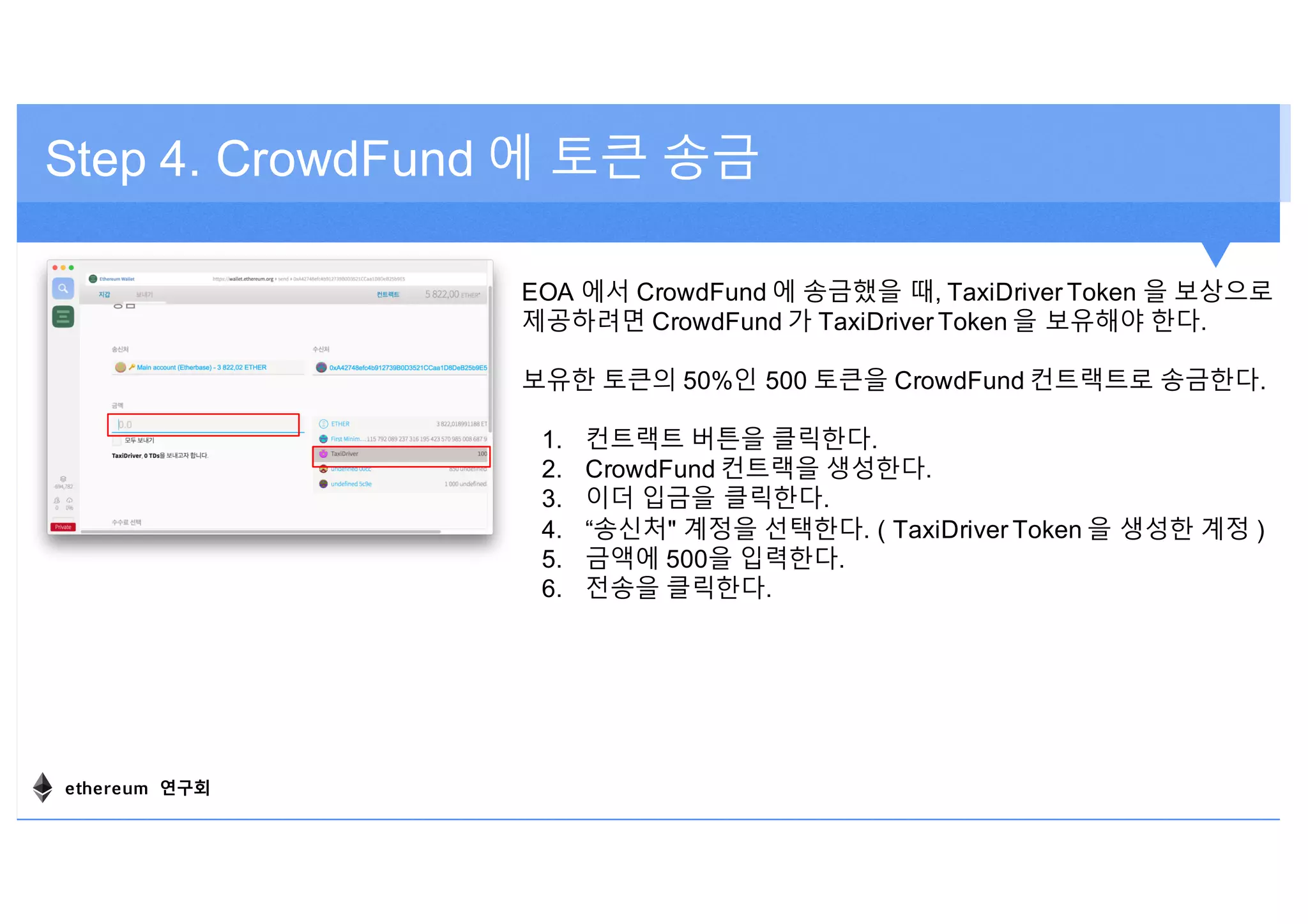 Step 4. CrowdFund 에 토큰 송금
EOA 에서 CrowdFund 에 송금했을 때, TaxiDriver Token 을 보상으로
제공하려면 CrowdFund 가 TaxiDriver Token 을 보유해야 한다.
보유한 토큰의 50%인 500 토큰을 CrowdFund 컨트랙트로 송금한다.
1. 컨트랙트 버튼을 클릭한다.
2. CrowdFund 컨트랙을 생성한다.
3. 이더 입금을 클릭한다.
4. “송신처" 계정을 선택한다. ( TaxiDriver Token 을 생성한 계정 )
5. 금액에 500을 입력한다.
6. 전송을 클릭한다.
ethereum 연구회
 