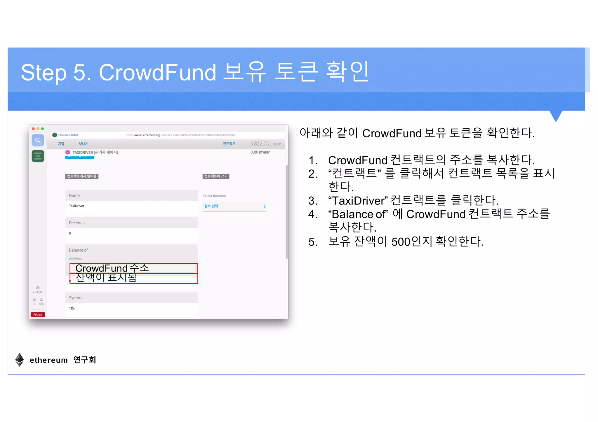Step 5. CrowdFund 보유 토큰 확인
아래와 같이 CrowdFund 보유 토큰을 확인한다.
1. CrowdFund 컨트랙트의 주소를 복사한다.
2. “컨트랙트" 를 클릭해서 컨트랙트 목록을 표시
한다.
3. “TaxiDriver” 컨트랙트를 클릭한다.
4. “Balance of” 에 CrowdFund 컨트랙트 주소를
복사한다.
5. 보유 잔액이 500인지 확인한다.
CrowdFund 주소
잔액이 표시됨
ethereum 연구회
 