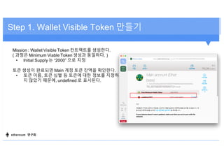Step 1. Wallet Visible Token 만들기
Mission : Wallet Visible Token 컨트랙트를 생성한다.
( 과정은 Minimum Viable Token 생성과 동일하다. )
• Initial Supply 는 “2000” 으로 지정
토큰 생성이 완료되면 Main 계정 토큰 잔액을 확인한다.
• 토큰 이름, 토큰 심벌 등 토큰에 대한 정보를 지정하
지 않았기 때문에, undefined 로 표시된다.
ethereum 연구회
 