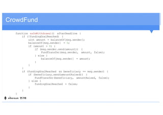 CrowdFund
function safeWithdrawal() afterDeadline {
if (!fundingGoalReached) {
uint amount = balanceOf[msg.sender];
balanc...