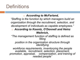 Definitions
 According to McFarland,
“Staffing is the function by which managers build an
organization through the recruitment, selection, and
development of individuals as capable employees.”
 According to Koontz, O’Donnell and Heinz
Weihrich,
“The management function of staffing is defined as
filling
position in the organization structure through
identifying
workforce requirements, inventorying the people
available, recruitment, selection, placement,
promotion, appraisal, compensation, and training of
needed people”
 