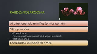RABDOMIOSARCOMA 
Alta frencuencia en niños (el mas común) 
Sitios primarios 
• Extremidades 
• Tracto genitourinario sin incluir vejiga y próstata 
• Retroperitoneo 
Localizados: curación 50 a 90%, 
 