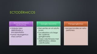 ECTODÉRMICOS 
Schwannomas o 
neurinomas, 
•nódulos bien 
delimitados y 
encapsulados, 
• tumor neurogenico 
mas común 
Ganglio neuroma 
• frecuentes en el adulto 
joven 
• Localizados a lo largo 
de cadenas 
ganglionares 
•masa voluminosas mal 
delimitadas y áreas 
calcificadas 
Paragangliomas: 
•excepcionales en retro 
peritoneo 
 