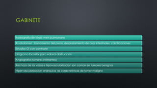 GABINETE 
Radiografía de tórax: mets pulmonares 
Rx abdomen : borramiento del psoas, desplazamiento de asas intestinales, calcificaciones 
Estudios GI con contraste 
Urograma Excretor para valorar obstrucción 
Angiografía (tumores infiltrantes) 
Rechazo de los vasos e hipovascularizacion son común en tumores benignos 
Hipervascularizacion anárquica es características de tumor maligno 
 