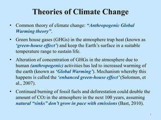 Theories of Climate Change
• Common theory of climate change: “Anthropogenic Global
Warming theory”.
• Green house gases (GHGs) in the atmosphere trap heat (known as
‘green-house effect’) and keep the Earth’s surface in a suitable
temperature range to sustain life.
• Alteration of concentration of GHGs in the atmosphere due to
human (anthropogenic) activities has led to increased warming of
the earth (known as ‘Global Warming’). Mechanism whereby this
happens is called the ‘enhanced green-house effect’ (Solomon, et
al., 2007).
• Continued burning of fossil fuels and deforestation could double the
amount of CO2 in the atmosphere in the next 100 years, assuming
natural “sinks” don’t grow in pace with emissions (Bast, 2010).
8
 