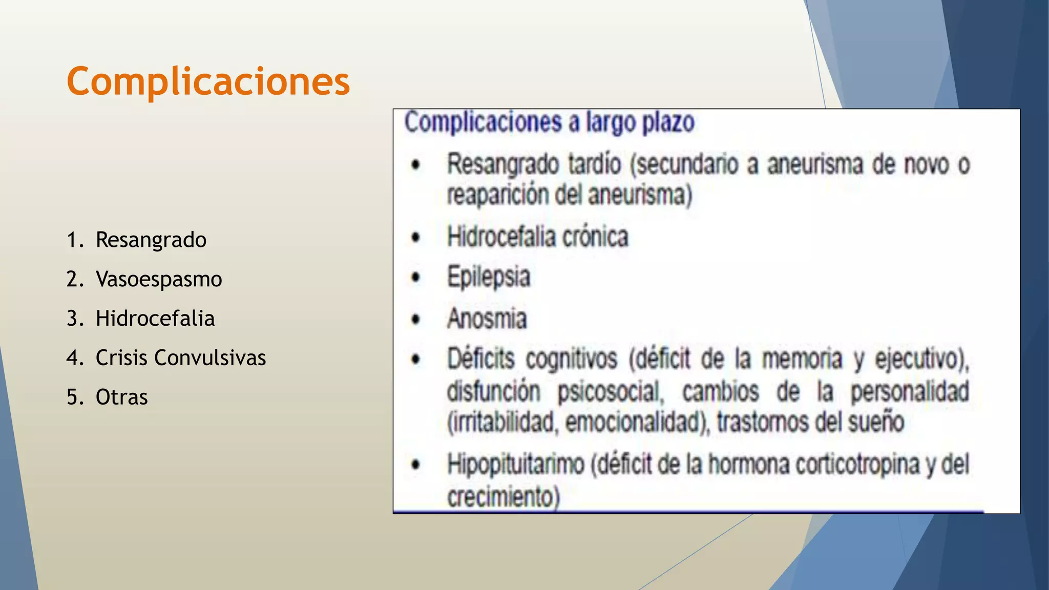 Complicaciones 
1. Resangrado 
2. Vasoespasmo 
3. Hidrocefalia 
4. Crisis Convulsivas 
5. Otras 
 