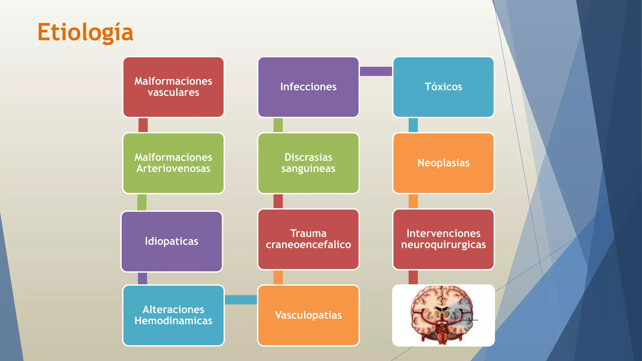 Etiología 
Malformaciones 
vasculares 
Malformaciones 
Arteriovenosas 
Idiopaticas 
Alteraciones 
Hemodinamicas 
Infecciones Tóxicos 
Discrasias 
sanguíneas 
Trauma 
craneoencefalico 
Vasculopatias 
Neoplasias 
Intervenciones 
neuroquirurgicas 
 