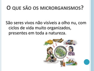 O QUE SÃO OS MICRORGANISMOS?
São seres vivos não visíveis a olho nu, com
ciclos de vida muito organizados,
presentes em toda a natureza.
 