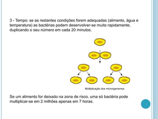 3 - Tempo: se as restantes condições forem adequadas (alimento, água e
temperatura) as bactérias podem desenvolver-se muito rapidamente,
duplicando o seu número em cada 20 minutos.
Se um alimento for deixado na zona de risco, uma só bactéria pode
multiplicar-se em 2 milhões apenas em 7 horas.
Multiplicação dos microrganismos
 