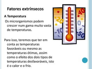 A Temperatura
Os microrganismos podem
crescer num gama muito vasta
de temperaturas.
Para isso, teremos que ter em
conta as temperaturas
favoráveis ou mesmo as
temperaturas ótimas, assim
como o efeito dos dois tipos de
temperaturas desfavoráveis, isto
é o calor e o frio.
Fatores extrínsecos
 