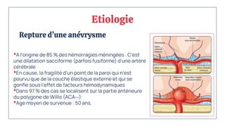 Etiologie
Repture d’une anévrysme
•A l’origine de 85 % des hémorragies méningées . C’est
une dilatation sacciforme (parfois fusiforme) d’une artère
cérébrale
•En cause, la fragilité d’un point de la paroi qui n’est
pourvu que de la couche élastique externe et qui se
gonfle sous l’effet de facteurs hémodynamiques
•Dans 97 % des cas se localisent sur la partie antérieure
du polygone de Willis (ACA++)
•Age moyen de survenue : 50 ans.
 