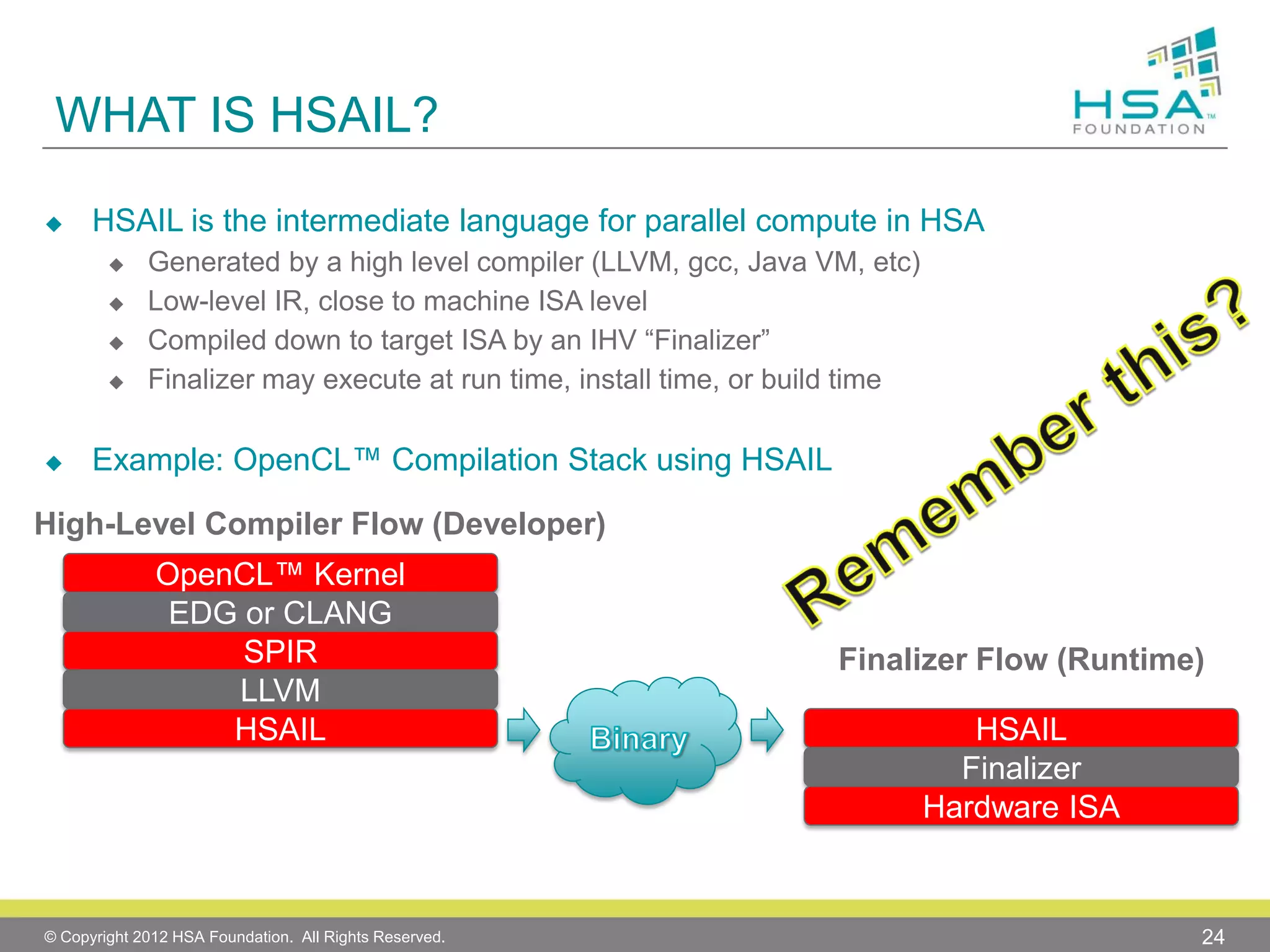 WHAT IS HSAIL?


HSAIL is the intermediate language for parallel compute in HSA








Generated by a high level compiler (LLVM, gcc, Java VM, etc)
Low-level IR, close to machine ISA level
Compiled down to target ISA by an IHV “Finalizer”
Finalizer may execute at run time, install time, or build time

Example: OpenCL™ Compilation Stack using HSAIL

High-Level Compiler Flow (Developer)
OpenCL™ Kernel
EDG or CLANG
SPIR
LLVM
HSAIL

© Copyright 2012 HSA Foundation. All Rights Reserved.

Finalizer Flow (Runtime)

HSAIL
Finalizer
Hardware ISA

24

 