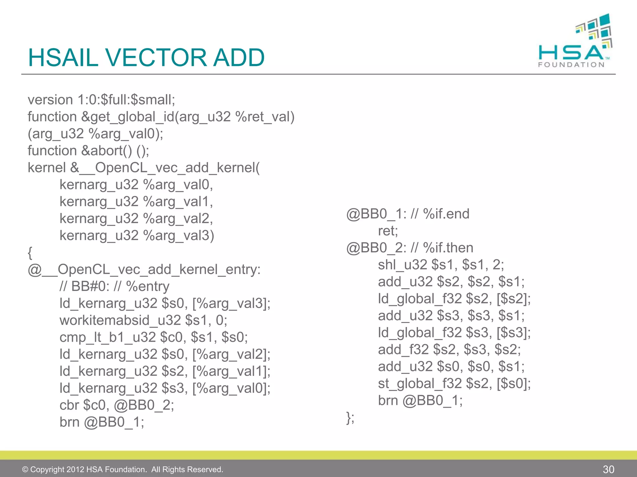 HSAIL VECTOR ADD
version 1:0:$full:$small;
function &get_global_id(arg_u32 %ret_val)
(arg_u32 %arg_val0);
function &abort() ();
kernel &__OpenCL_vec_add_kernel(
kernarg_u32 %arg_val0,
kernarg_u32 %arg_val1,
kernarg_u32 %arg_val2,
kernarg_u32 %arg_val3)
{
@__OpenCL_vec_add_kernel_entry:
// BB#0: // %entry
ld_kernarg_u32 $s0, [%arg_val3];
workitemabsid_u32 $s1, 0;
cmp_lt_b1_u32 $c0, $s1, $s0;
ld_kernarg_u32 $s0, [%arg_val2];
ld_kernarg_u32 $s2, [%arg_val1];
ld_kernarg_u32 $s3, [%arg_val0];
cbr $c0, @BB0_2;
brn @BB0_1;

© Copyright 2012 HSA Foundation. All Rights Reserved.

@BB0_1: // %if.end
ret;
@BB0_2: // %if.then
shl_u32 $s1, $s1, 2;
add_u32 $s2, $s2, $s1;
ld_global_f32 $s2, [$s2];
add_u32 $s3, $s3, $s1;
ld_global_f32 $s3, [$s3];
add_f32 $s2, $s3, $s2;
add_u32 $s0, $s0, $s1;
st_global_f32 $s2, [$s0];
brn @BB0_1;
};

30

 
